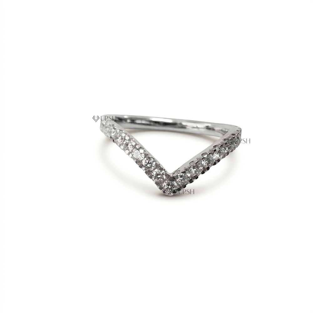 Solid white gold delicate diamond contour wishbone wedding band on white background