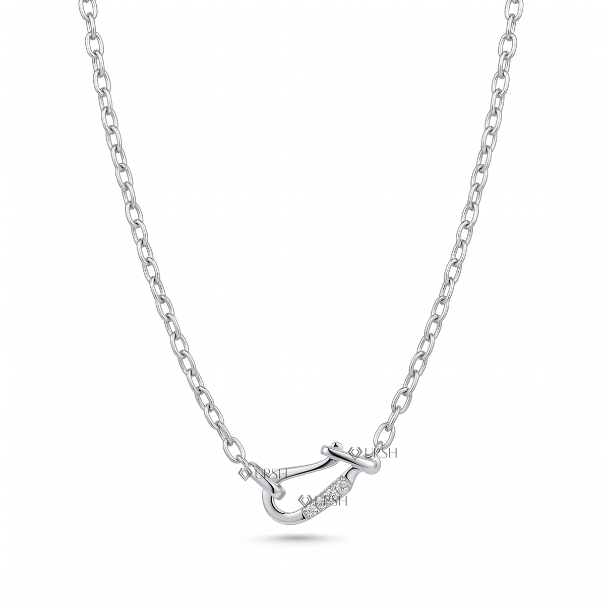 Solid white gold carabiner hook diamond paperclip link necklace displayed on clean white background