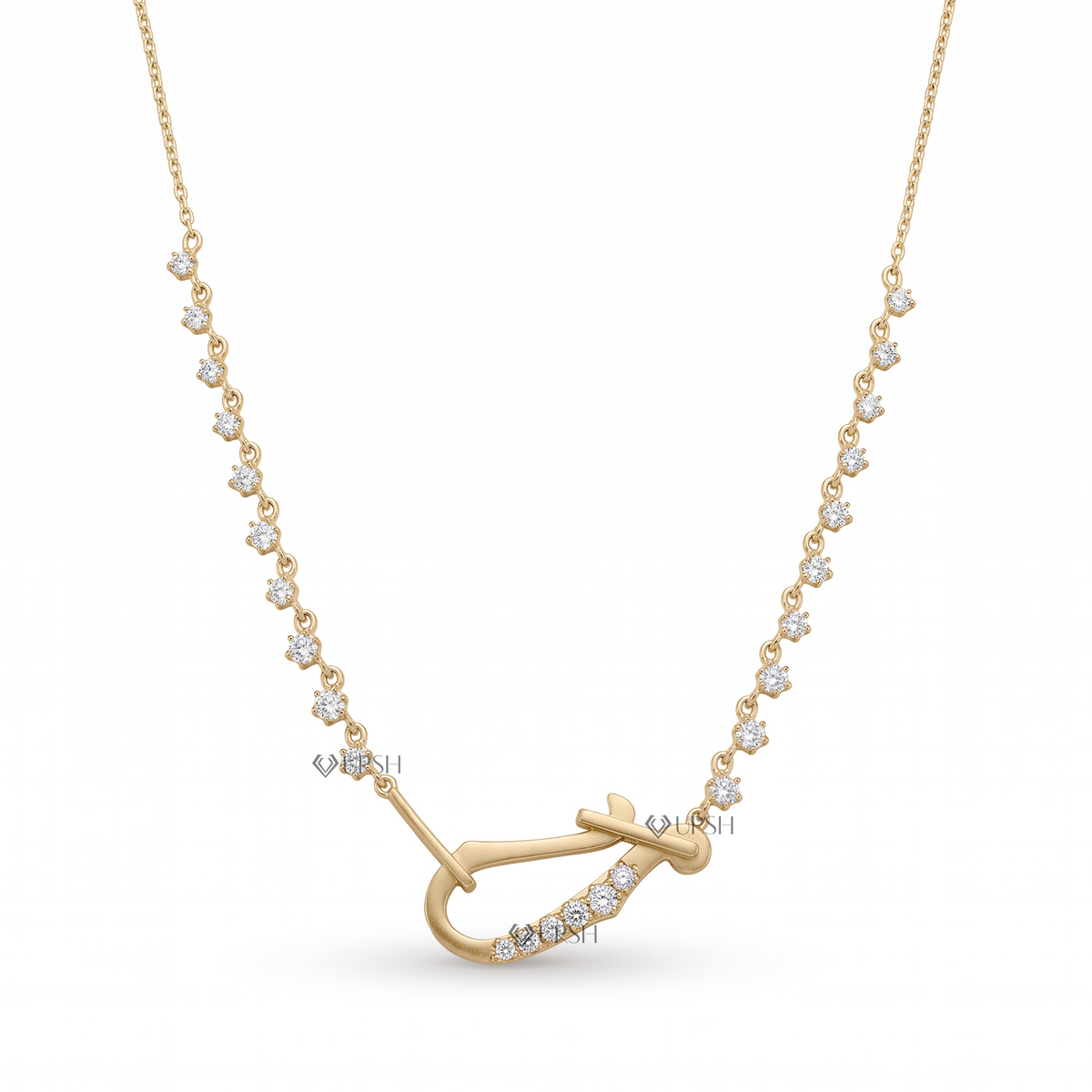 Solid yellow gold carabiner hook diamond station necklace featuring pavé-set diamonds on a carabiner lock and graduated round lab-grown diamond stations