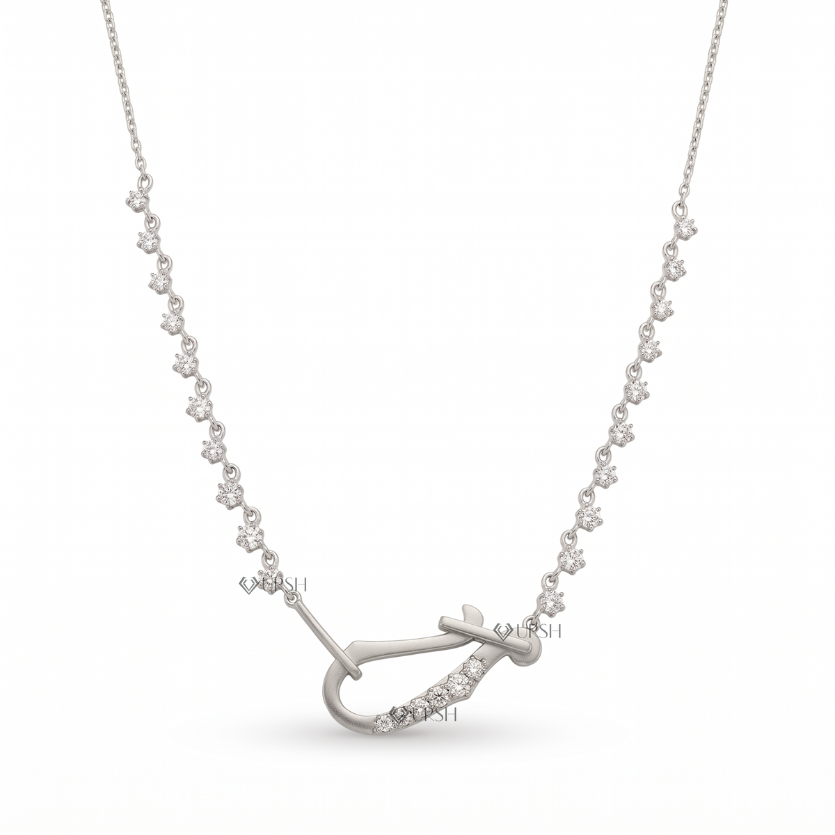 Solid white gold carabiner hook diamond station necklace displayed on clean white background