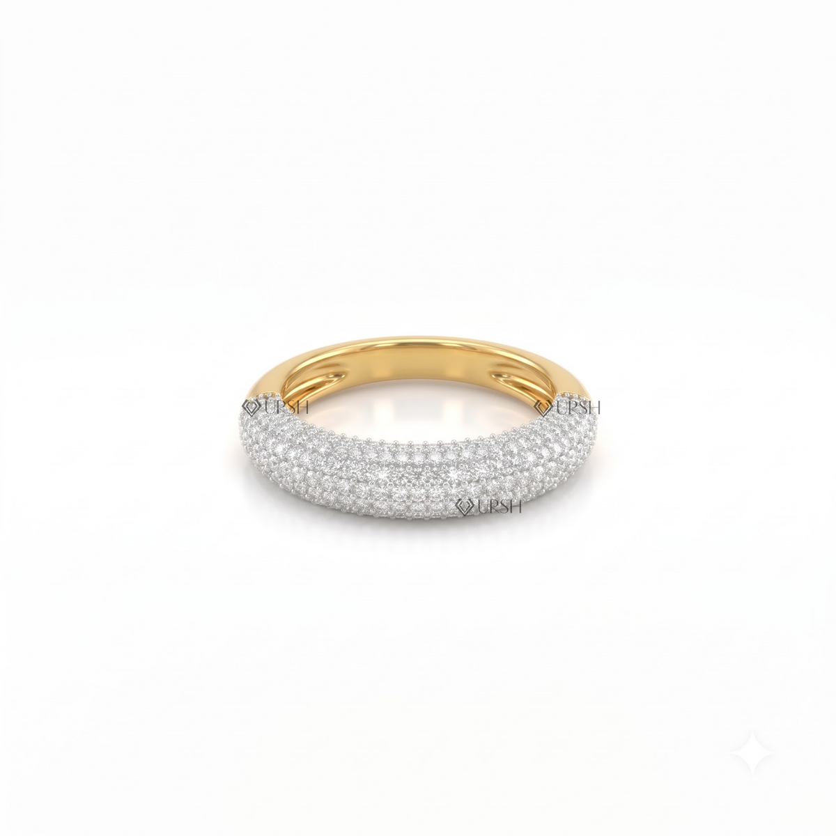 Solid yellow gold dome pavé diamond statement band featuring dense micro-pavé diamond rows across a curved profile