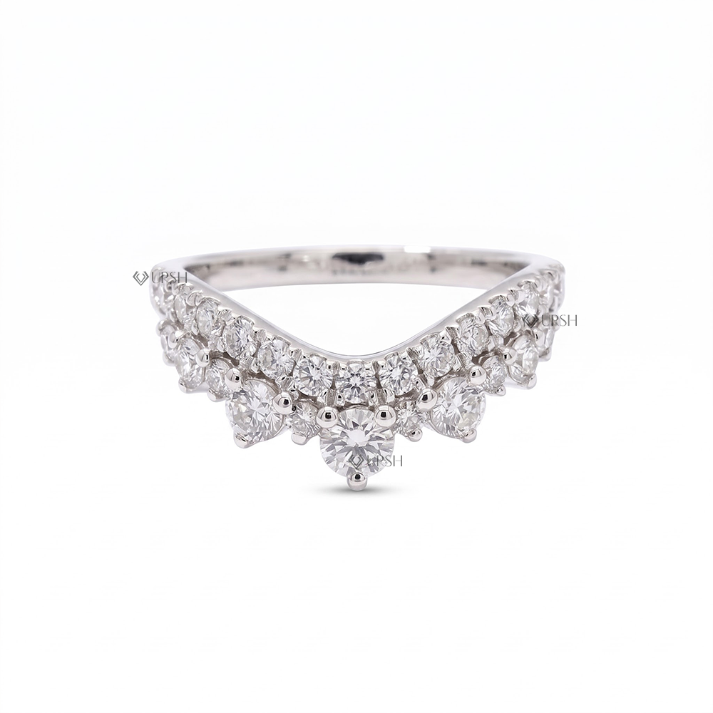 Solid white gold double-row diamond chevron crown wedding band with graduated round lab stones