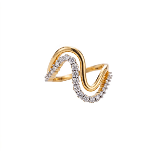 A double-band wavy ring featuring polished yellow gold on one side and a silver-toned band paved with round clear stones on the other, set against a clean white background.