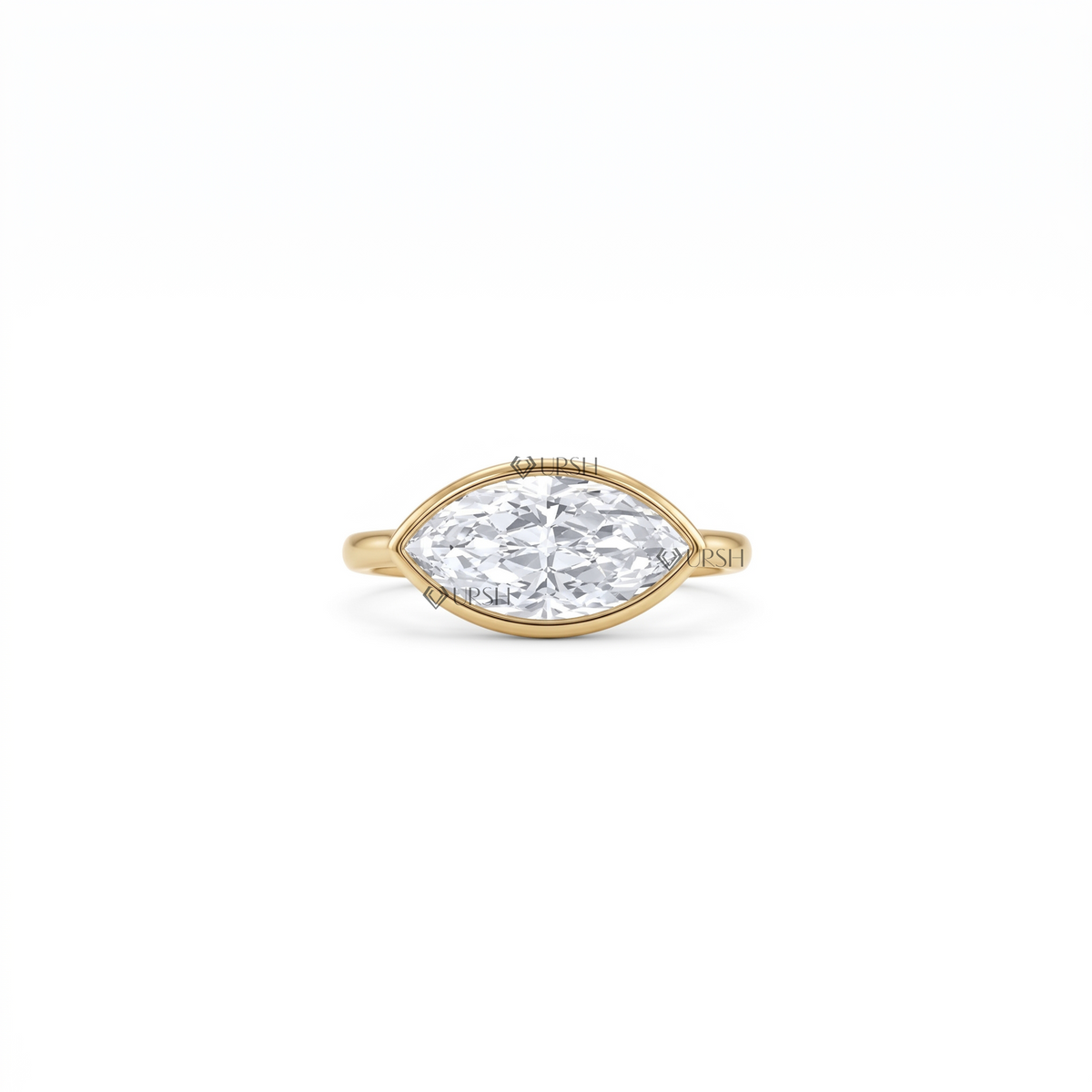 Solid yellow gold bezel-set east-west marquise diamond solitaire ring featuring a horizontal orientation on a polished band