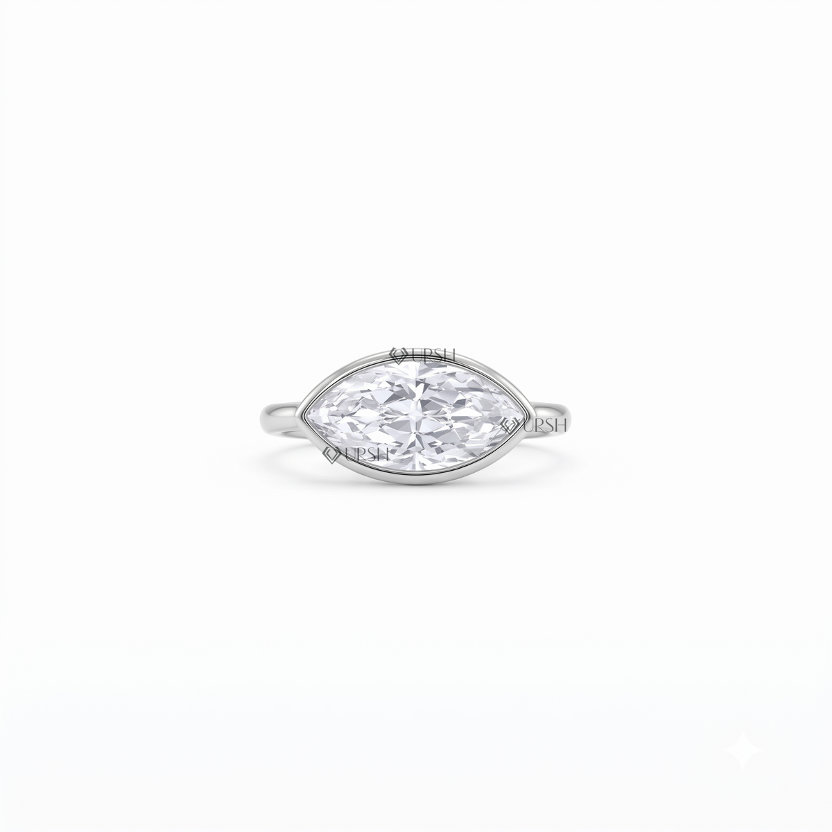 Solid white gold east-west marquise bezel solitaire ring on clean white background