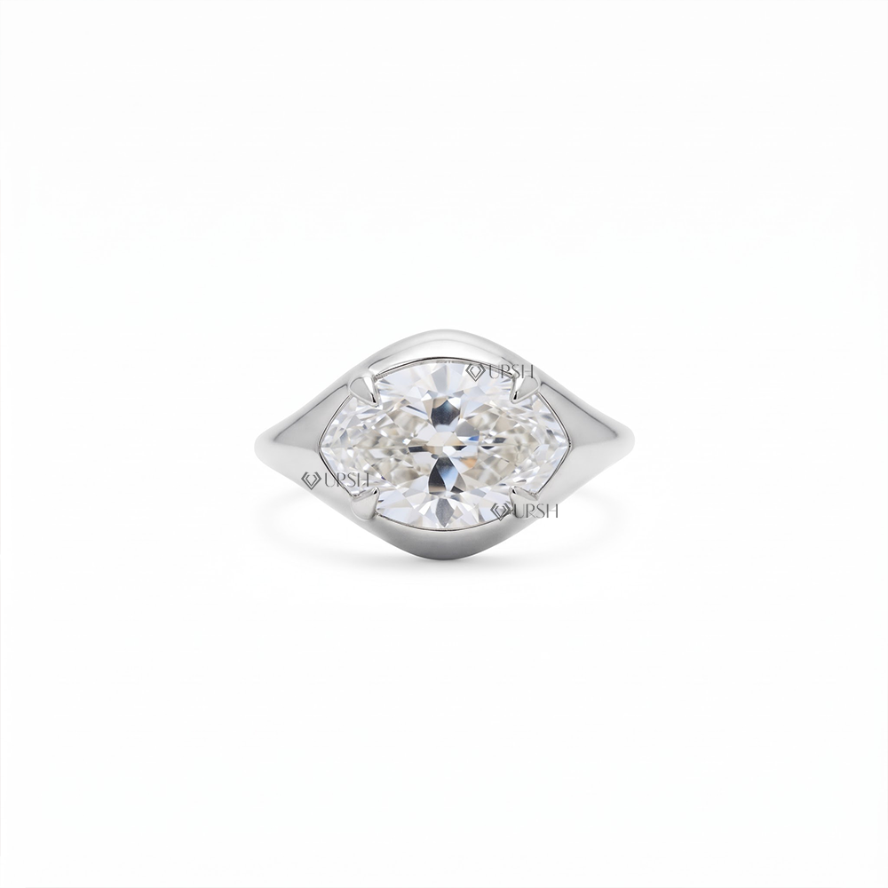 Solid white gold modern east-west marquise statement ring on clean white background
