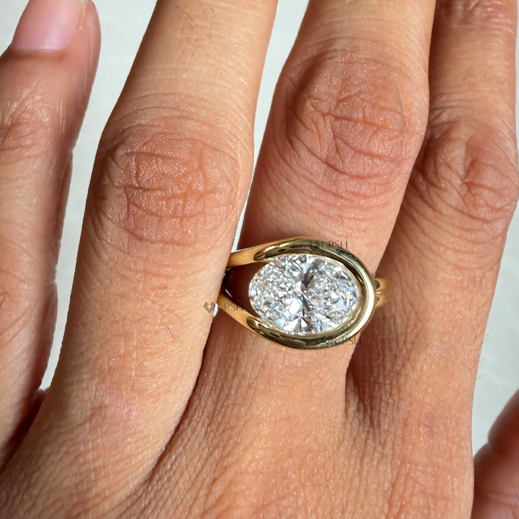 High-clarity brilliance of horizontal oval lab diamond inside smooth white gold split loop setting