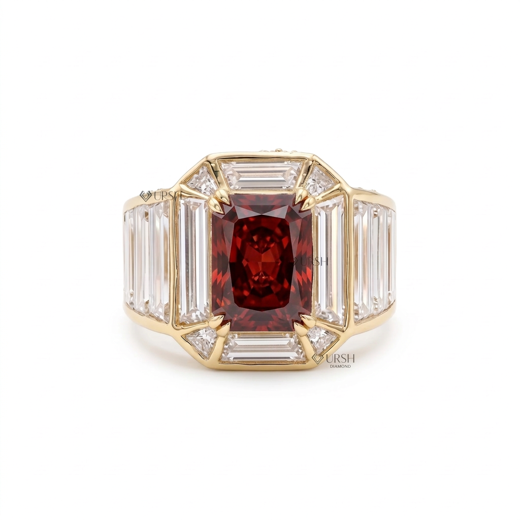 Solid yellow gold emerald-cut ruby and baguette diamond statement ring featuring stepped side shoulders