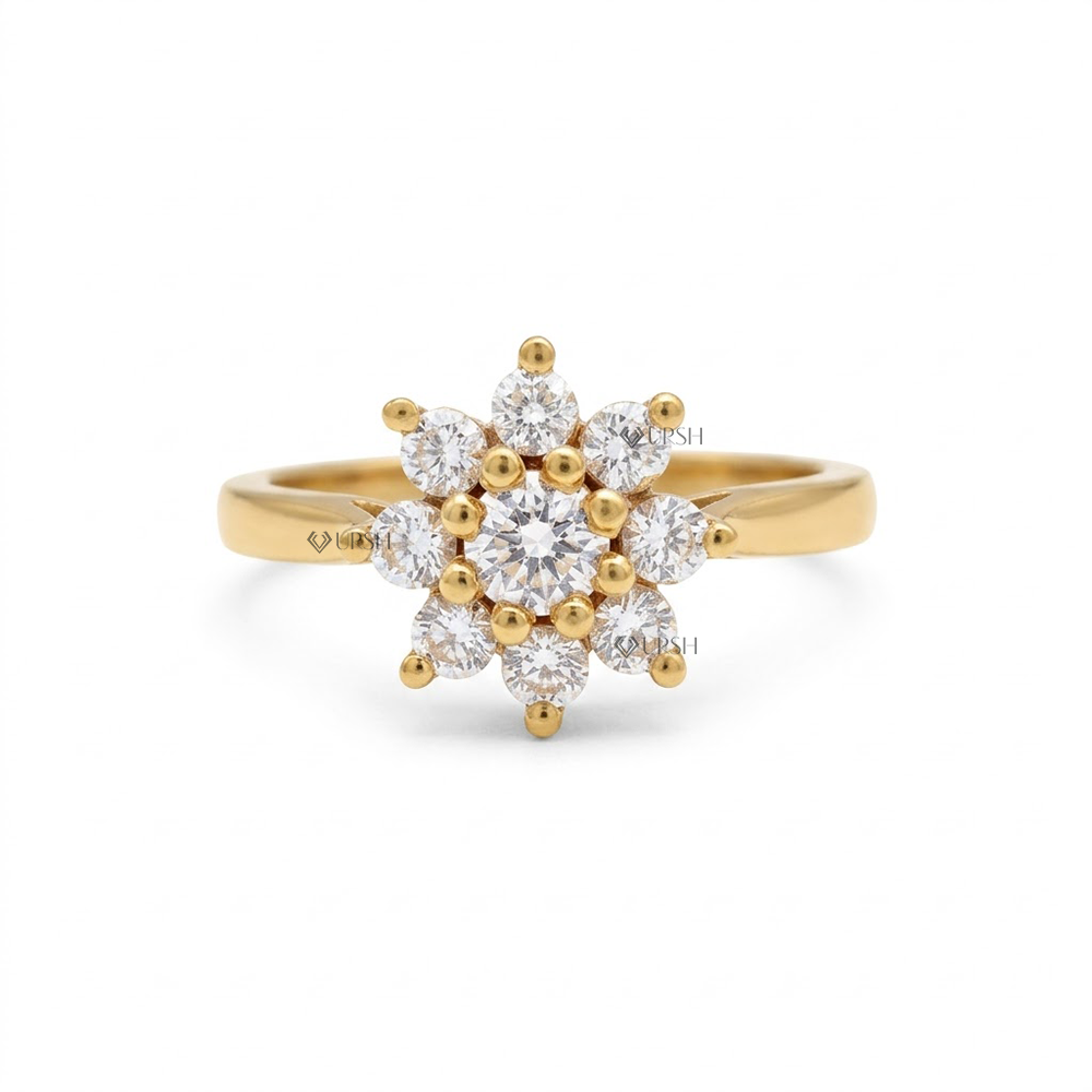 Solid yellow gold floral starburst diamond engagement ring with tiered eight petal blossom halo