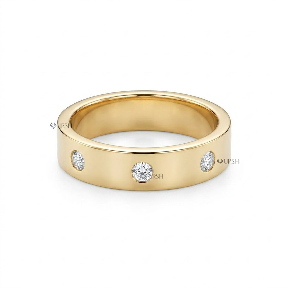 Solid yellow gold wide flat cigar wedding band with flush gypsy set round lab grown diamonds