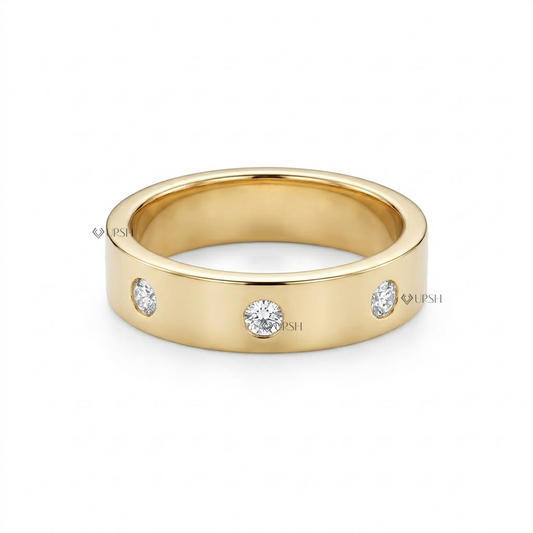 Solid yellow gold wide flat cigar wedding band with flush gypsy set round lab grown diamonds