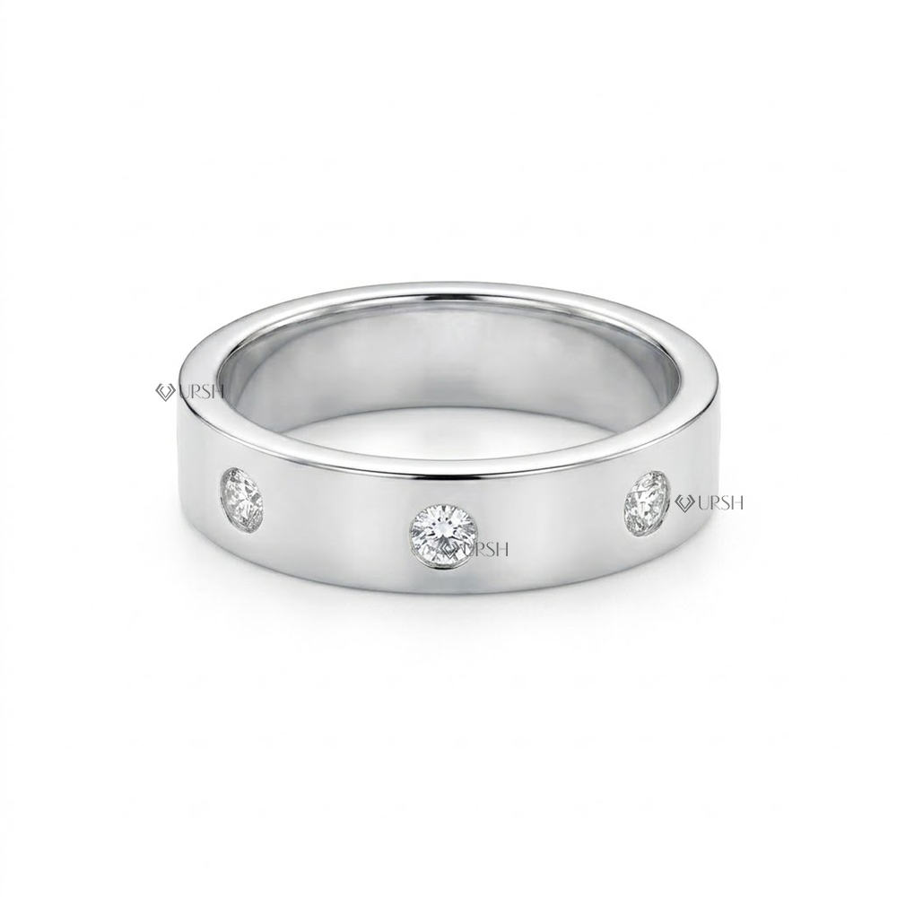 Solid white gold flat profile wedding band with evenly spaced burnished lab diamonds