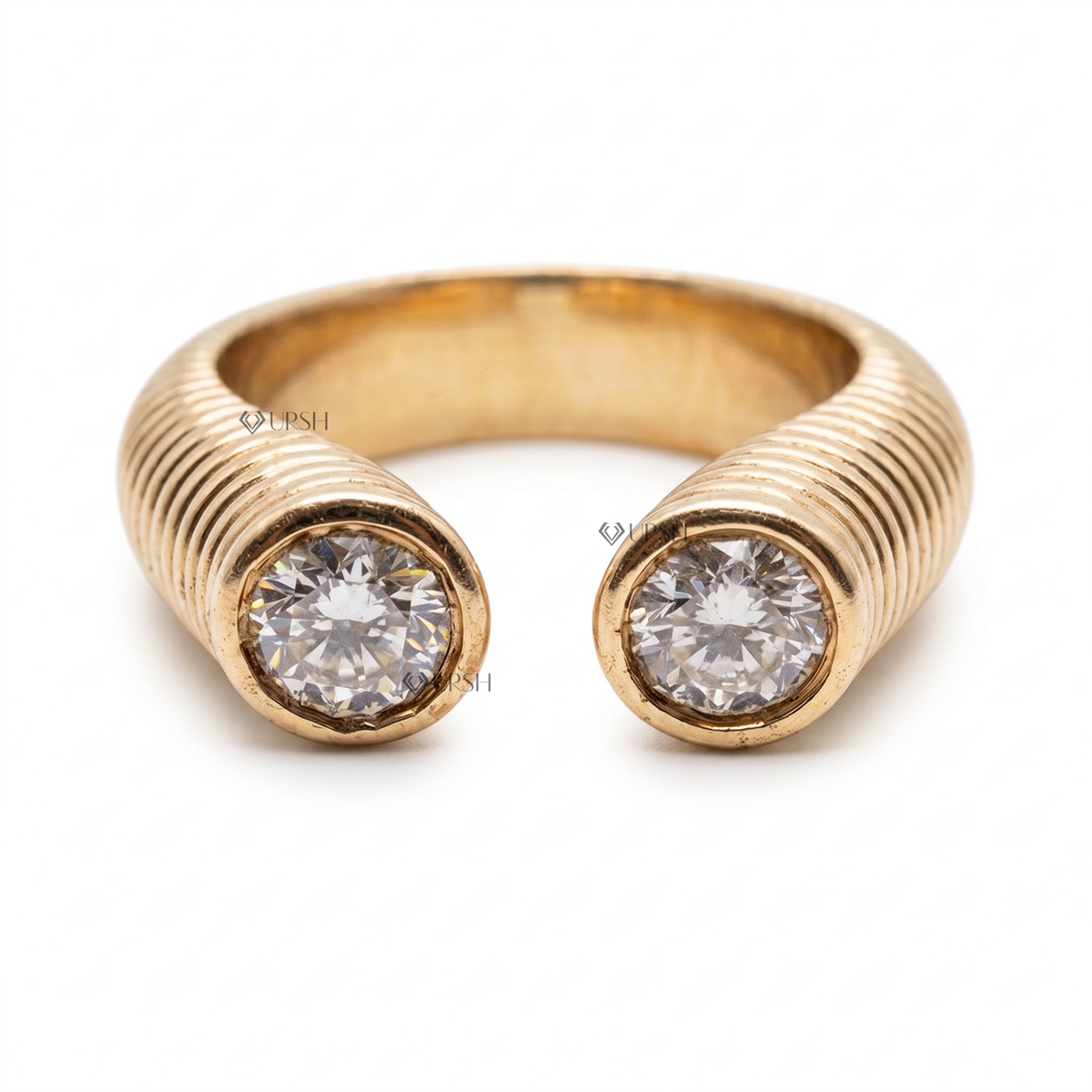 Solid yellow gold fluted texture open band ring set with round brilliant diamonds