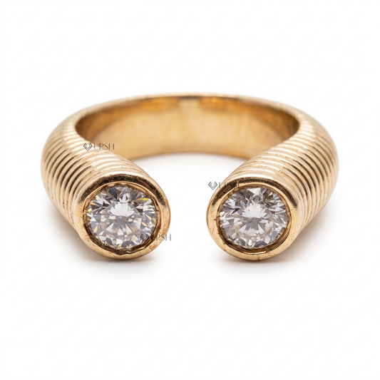 Solid yellow gold fluted texture open band ring set with round brilliant diamonds