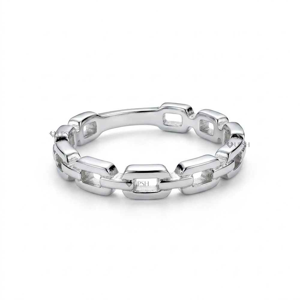 Solid white gold architectural link chain band on clean white background