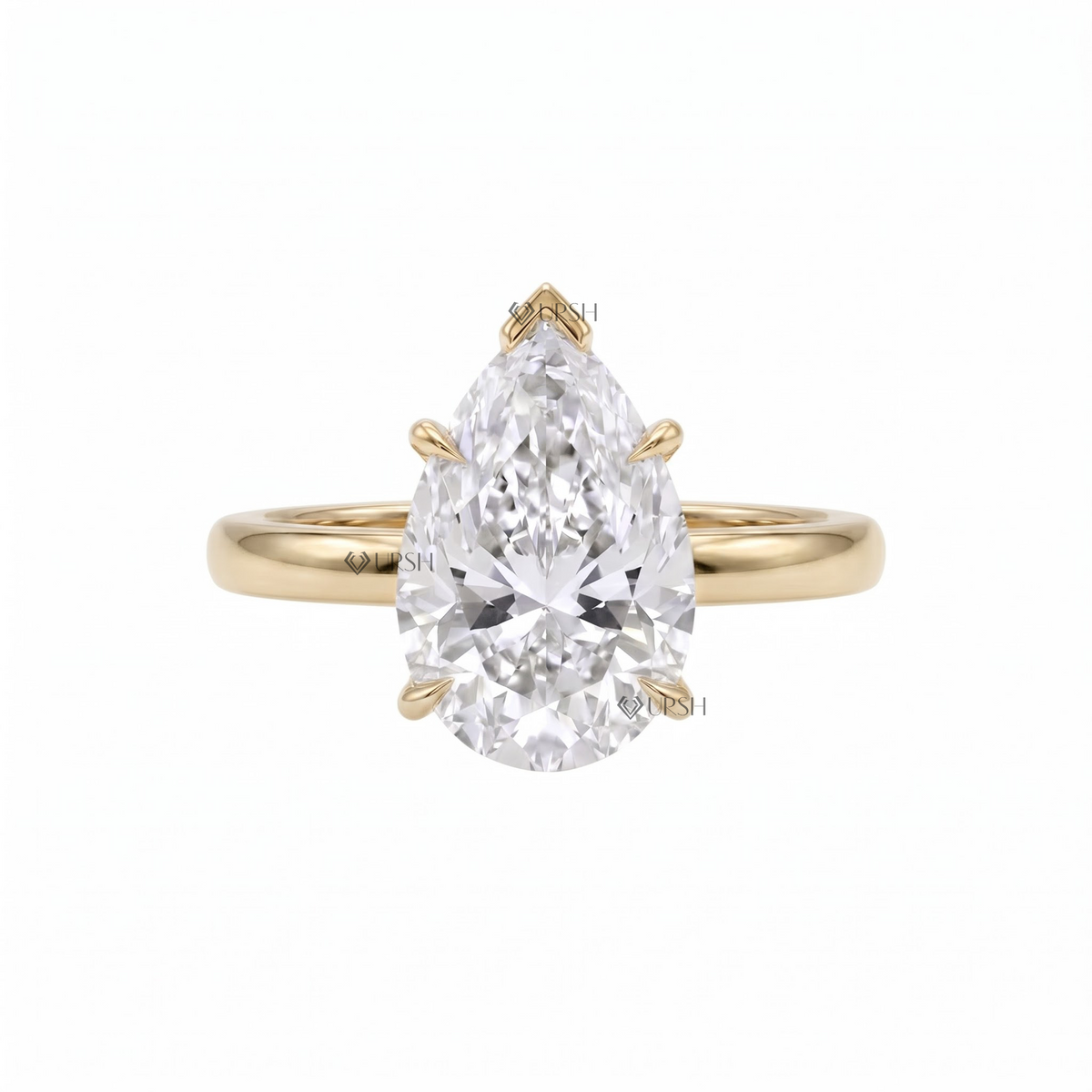 Solid yellow gold giant pear-cut solitaire engagement ring featuring an oversized teardrop diamond on a polished band