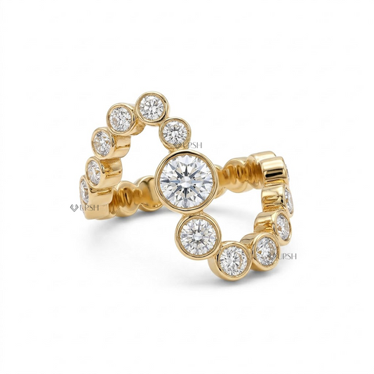 Solid yellow gold serpentine snake bypass ring set with graduated bezel round lab diamonds