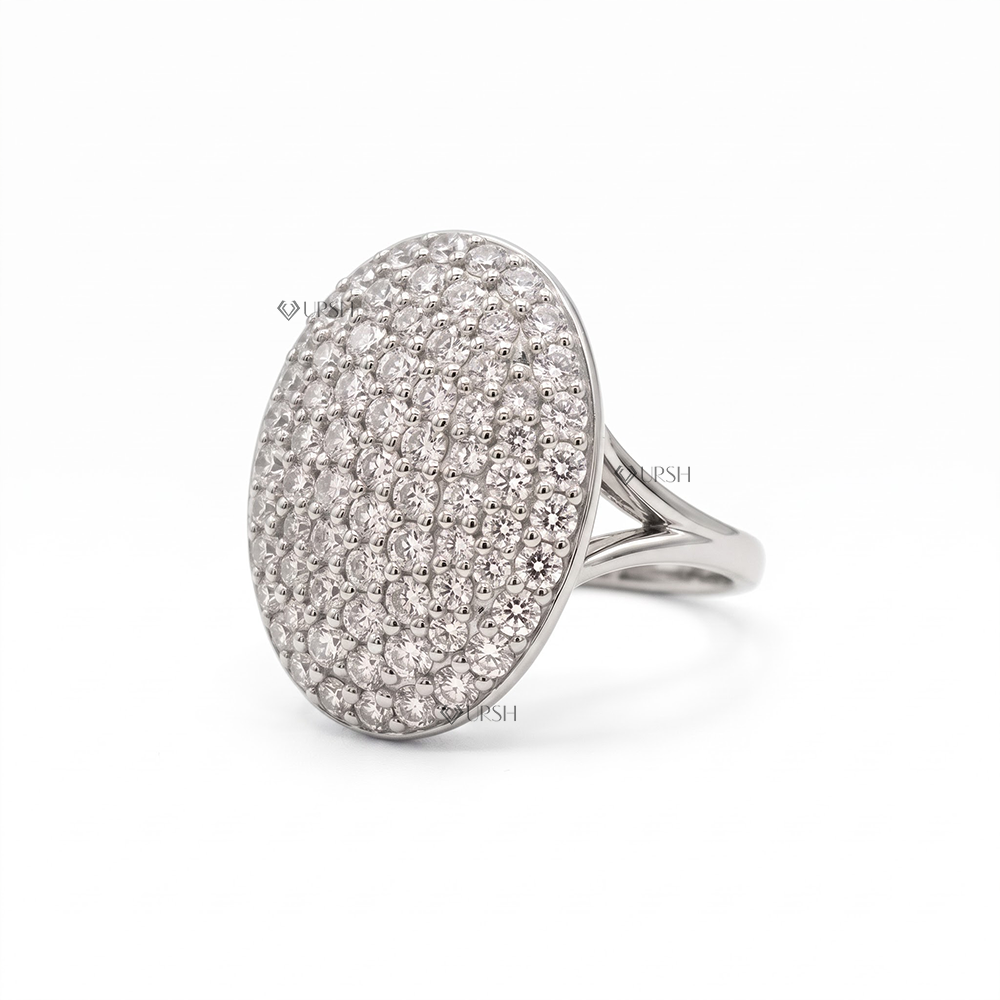 Solid white gold full micro pavé oval dome ring with split cathedral shank