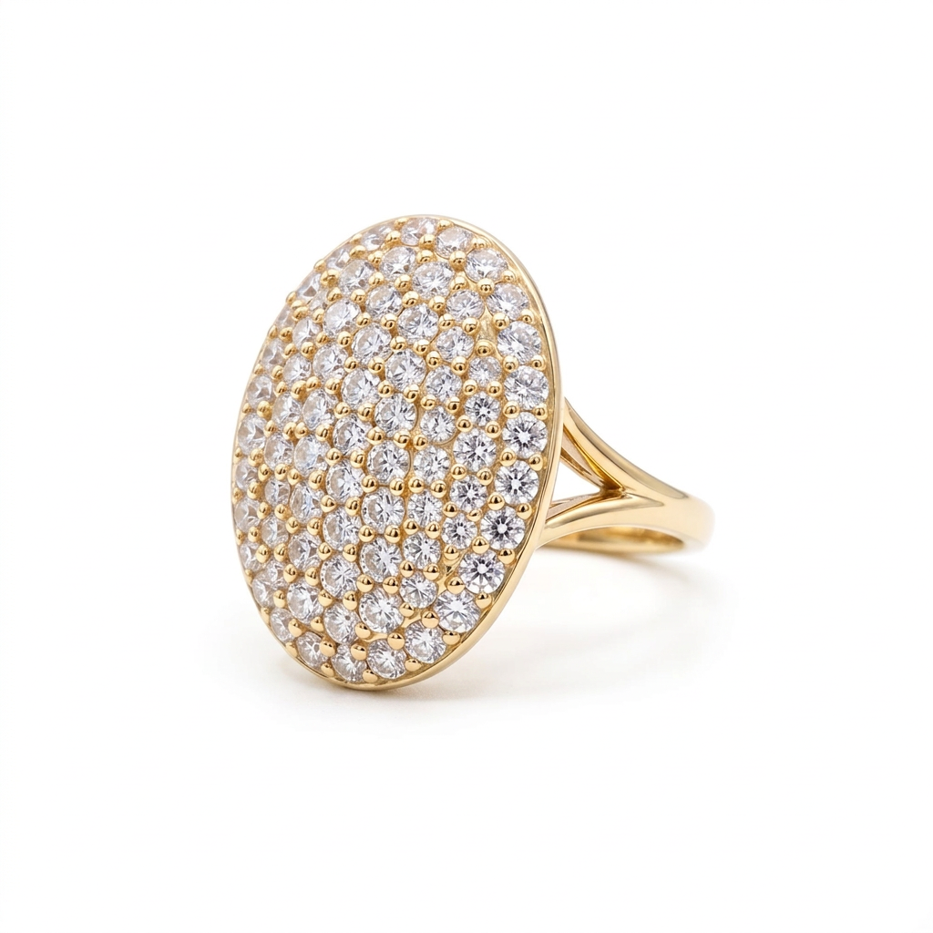 Solid yellow gold large curved oval disc statement ring blanketed with micro pave lab diamonds