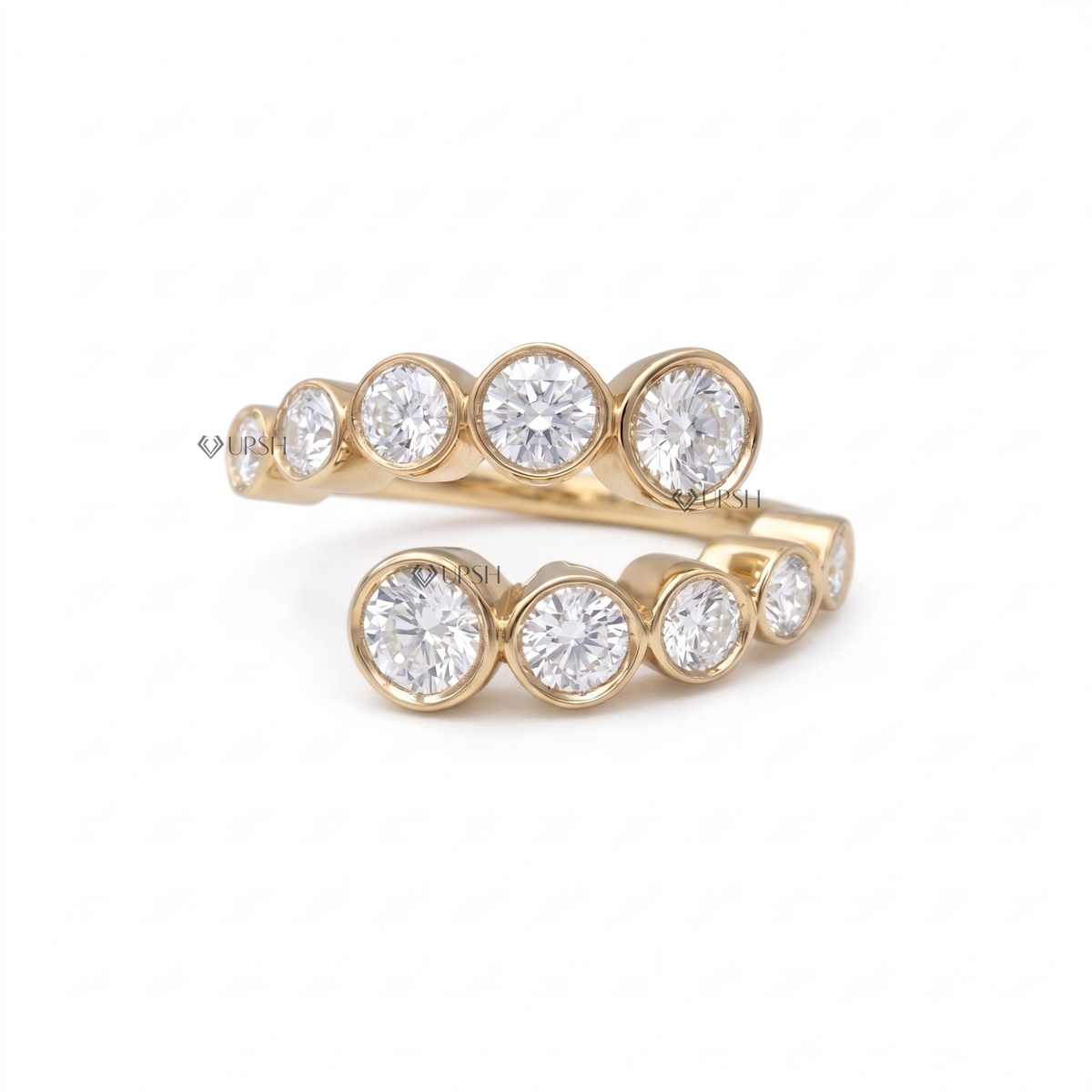 Solid yellow gold graduated bezel-set bypass diamond statement ring featuring dual wrap rows
