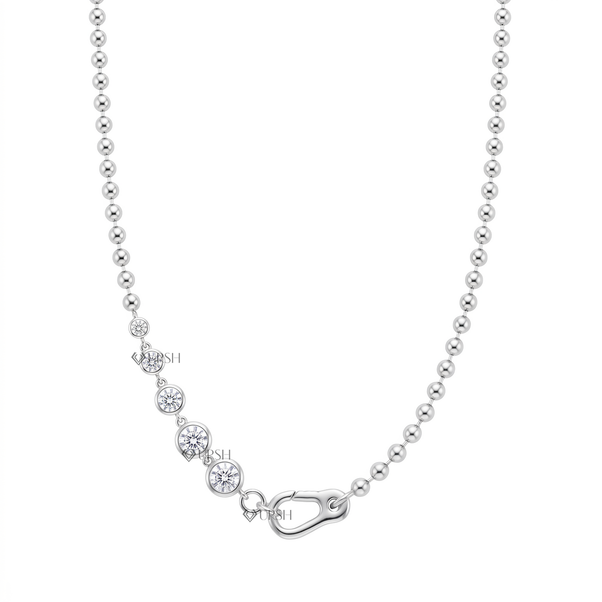Solid white gold graduated bezel set diamond ball bead chain necklace displayed on clean white background
