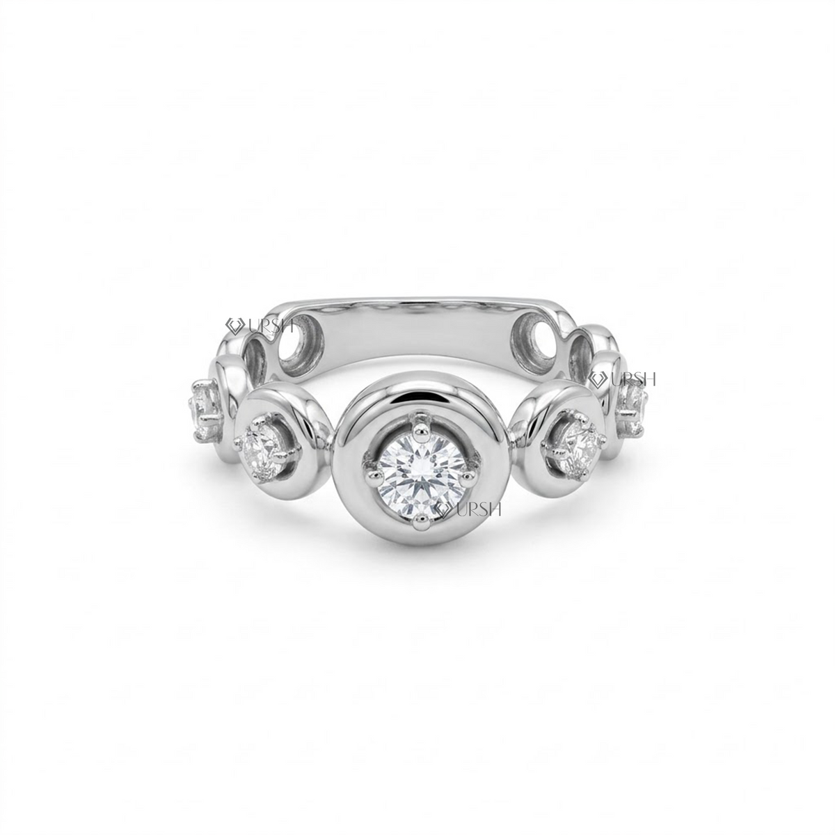 Solid white gold graduated bezel-set multi-stone diamond statement ring featuring flush station bezels.