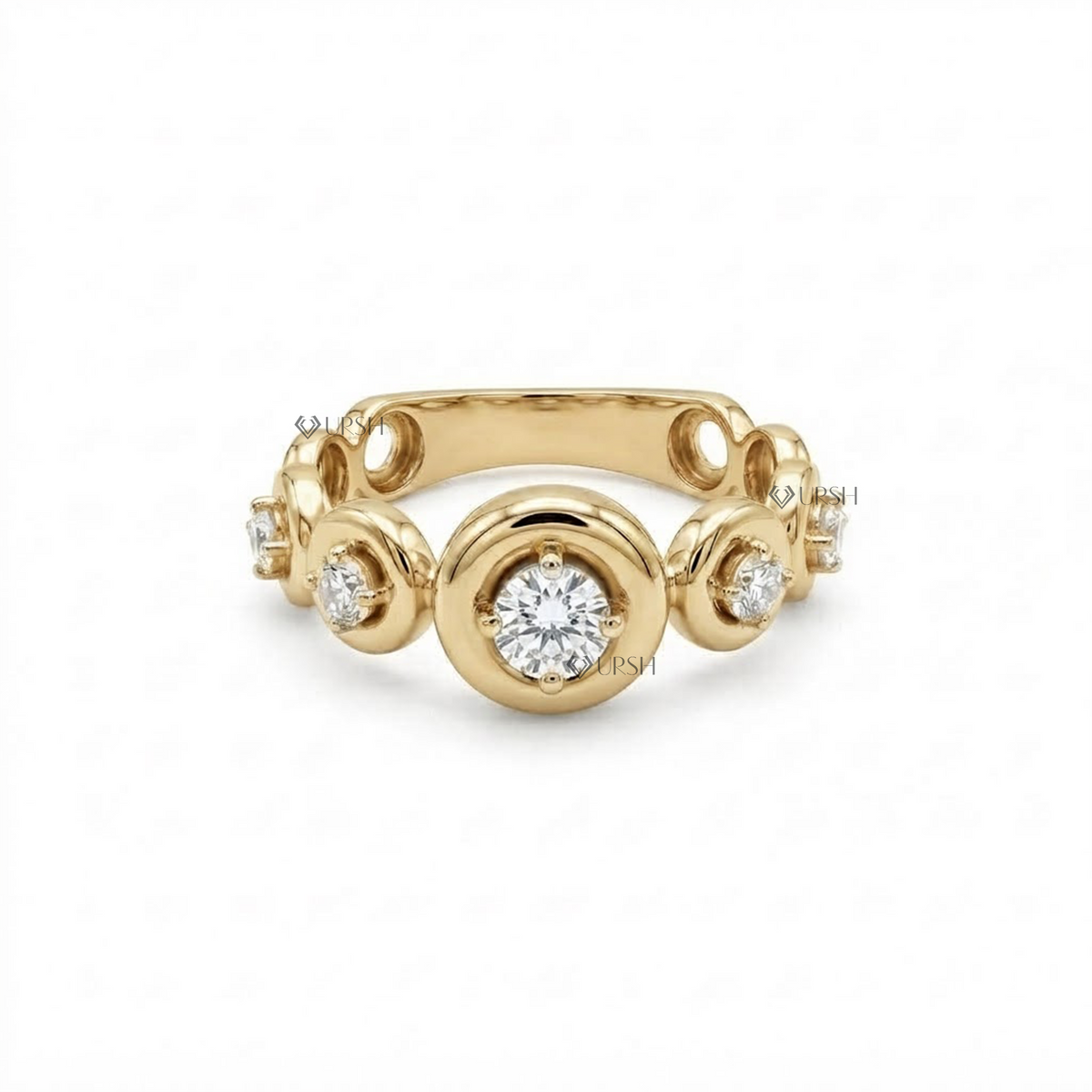 Solid yellow gold multi-stone bezel-set statement band on clean white background.