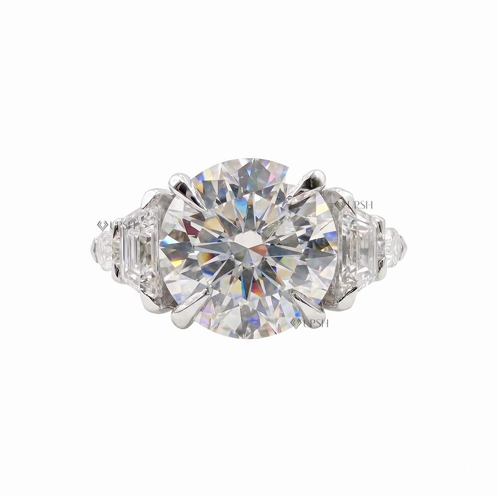 Solid white gold multi-stone engagement ring featuring a brilliant round center lab diamond with cascading bullet-cut and trapezoid side stones