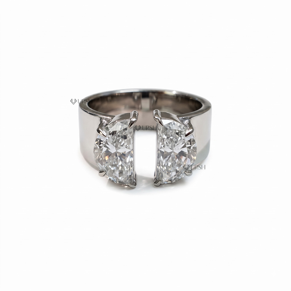 Solid white gold wide open gap cuff ring set with two facing half moon lab grown diamonds