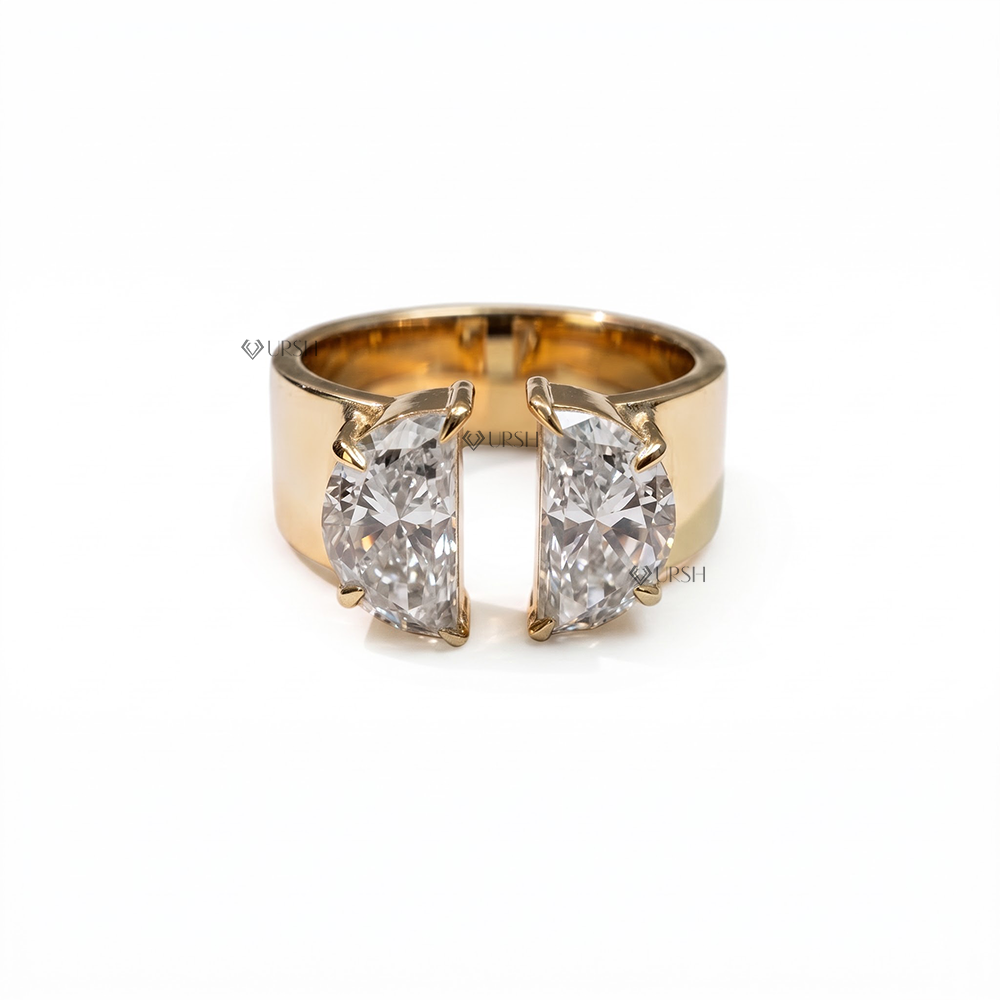 Solid yellow gold wide band ring featuring a pair of half moon cut diamonds in open gap setting