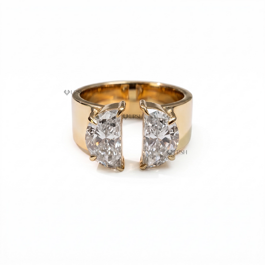Solid yellow gold wide band ring featuring a pair of half moon cut diamonds in open gap setting