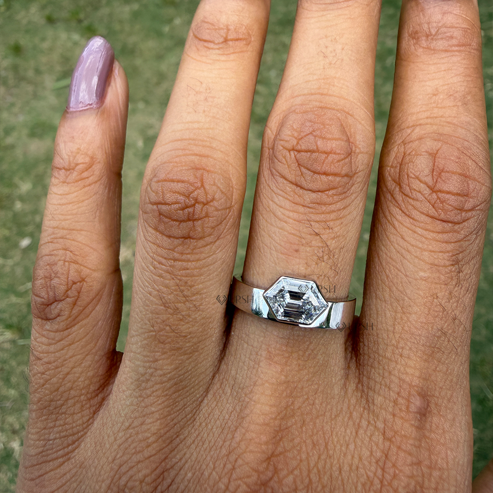 Clean minimalist finger coverage of hexagon diamond solid gold flat statement band