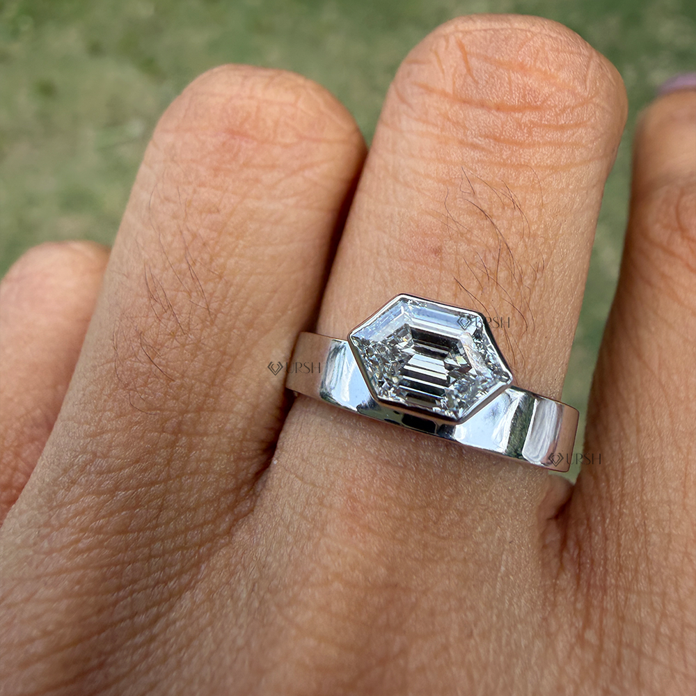 Solid white gold flat cigar band ring featuring bezel set hexagon step cut lab grown diamond