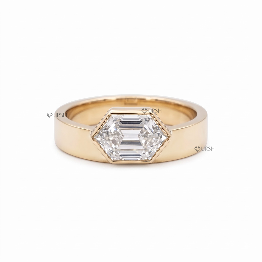 Solid yellow gold modern wide cigar band set with hexagon step cut diamond in sleek bezel