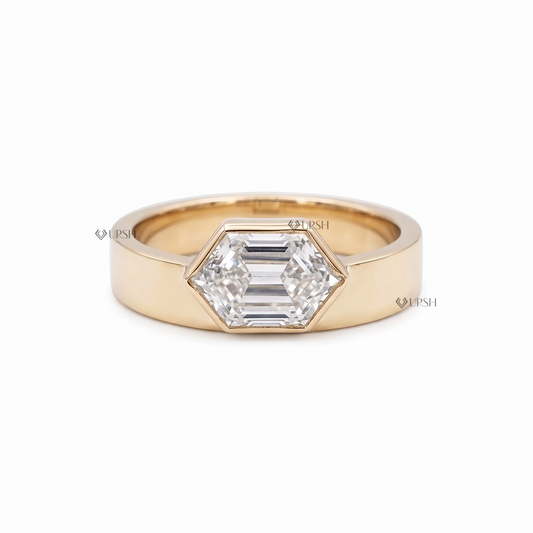 Solid yellow gold modern wide cigar band set with hexagon step cut diamond in sleek bezel