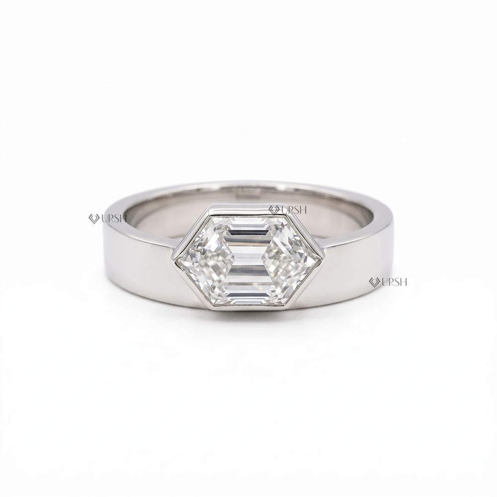 Solid white gold architectural hexagon diamond flat band solitaire ring