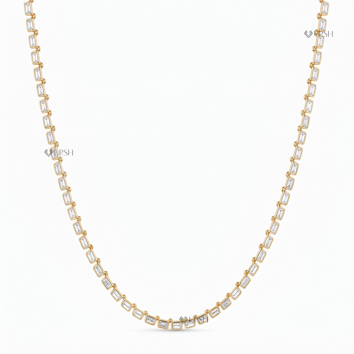 Solid yellow gold horizontal emerald cut diamond east-west tennis chain necklace featuring step-cut lab-grown diamonds set horizontally in bezel frames