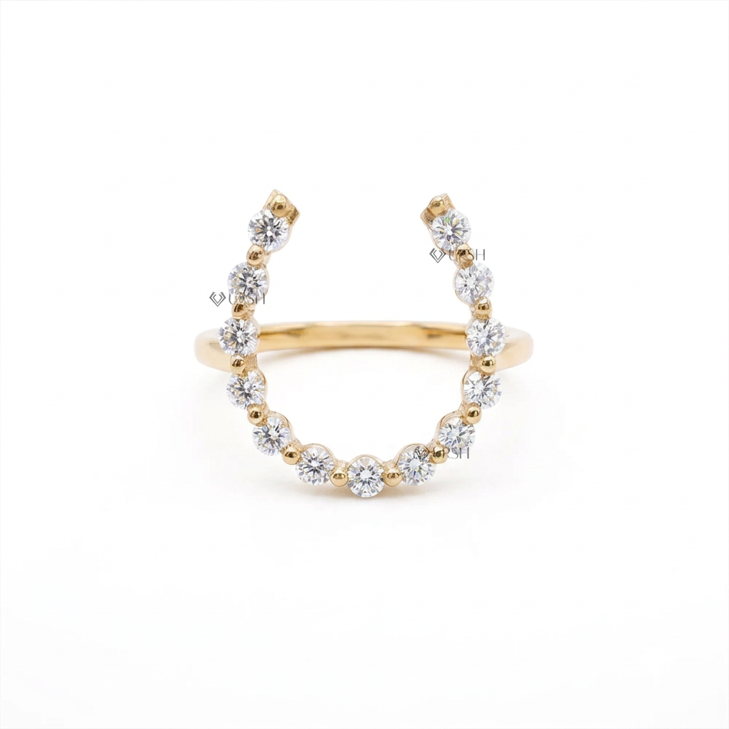 Solid yellow gold open horseshoe statement ring set with brilliant round lab diamonds