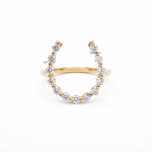 Solid yellow gold open horseshoe statement ring set with brilliant round lab diamonds