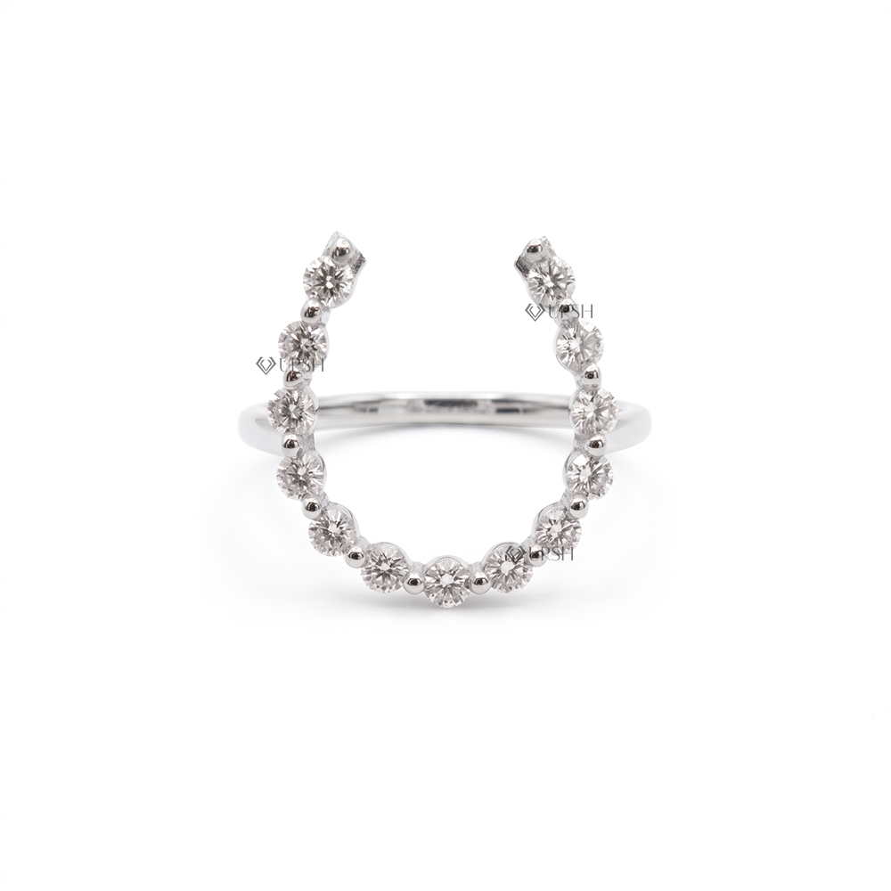 Solid white gold modern curved horseshoe ring featuring round lab-grown diamonds
