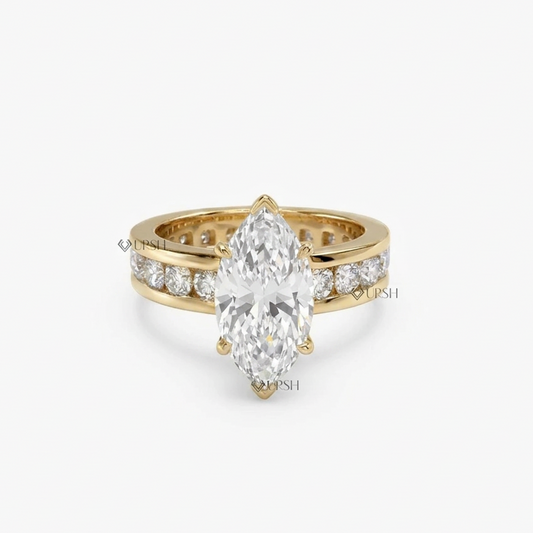 Solid yellow gold wide eternity band set with round diamonds and prominent marquise center stone