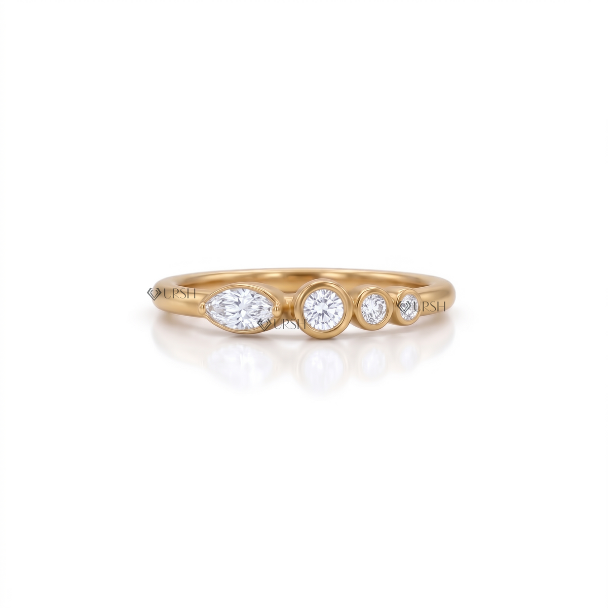 Solid yellow gold bezel-set marquise and round diamond multi-stone ring featuring an asymmetric cluster on a polished band