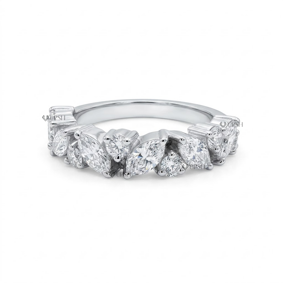Solid white gold half eternity wedding band featuring alternating marquise and round brilliant lab diamonds