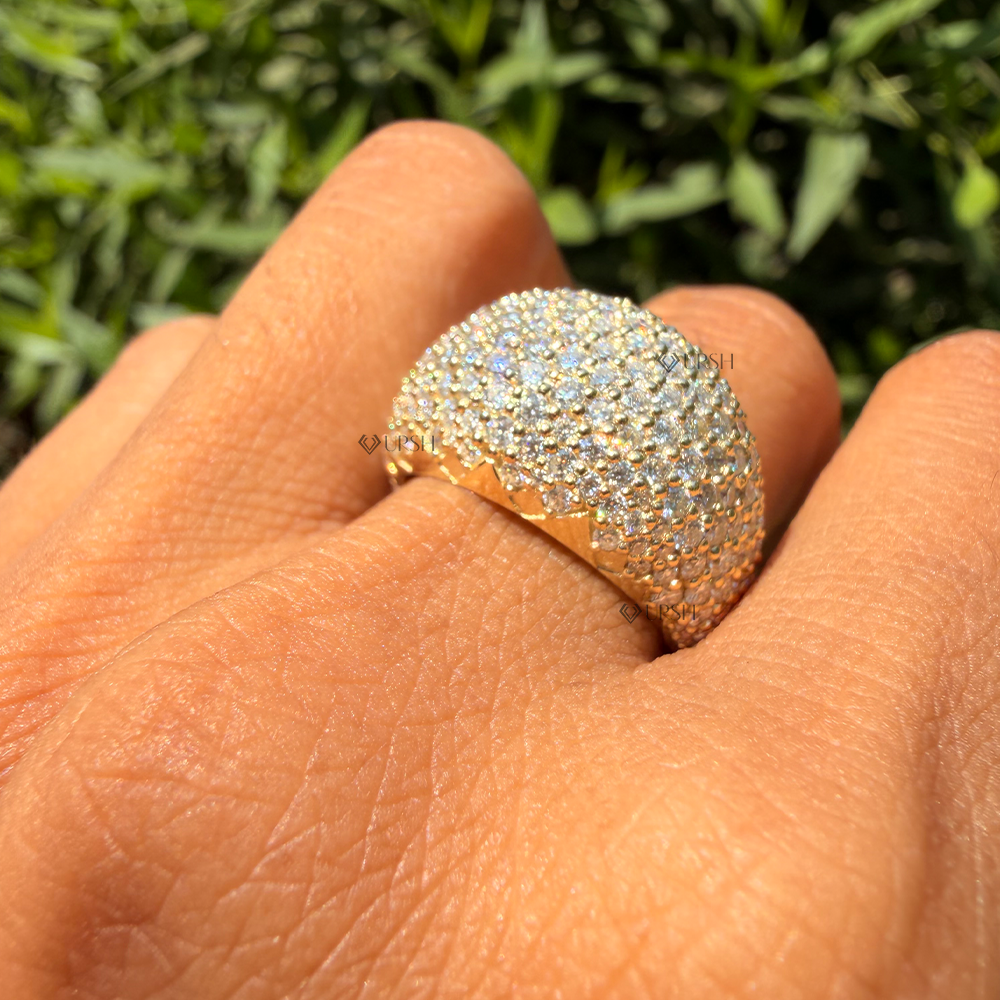 Curved volume and dense honeycomb diamond pavé of chunky gold dome ring
