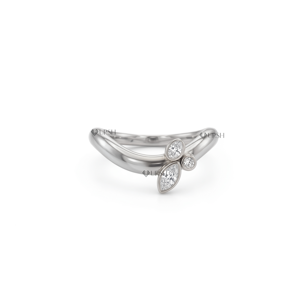 Solid white gold contoured curved stacking band with asymmetric round, marquise, and pear diamond cluster on clean white background