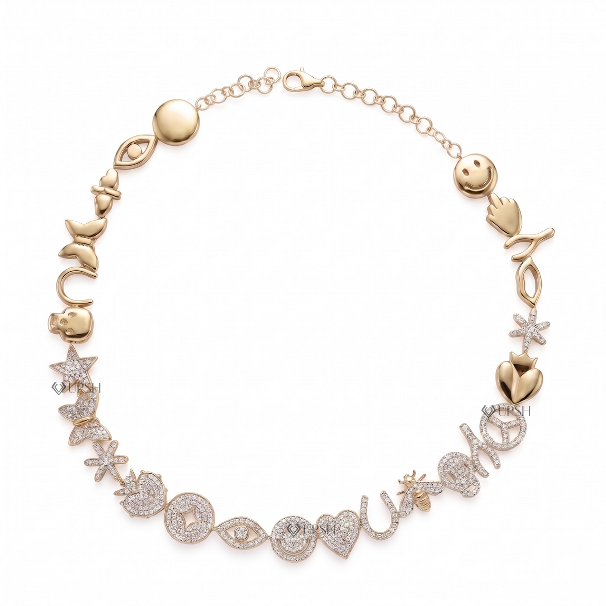 Solid yellow gold multi-charm eclectic diamond station necklace featuring micro-pavé set lab-grown diamond charms including evil eye, smiley, heart, and celestial motifs