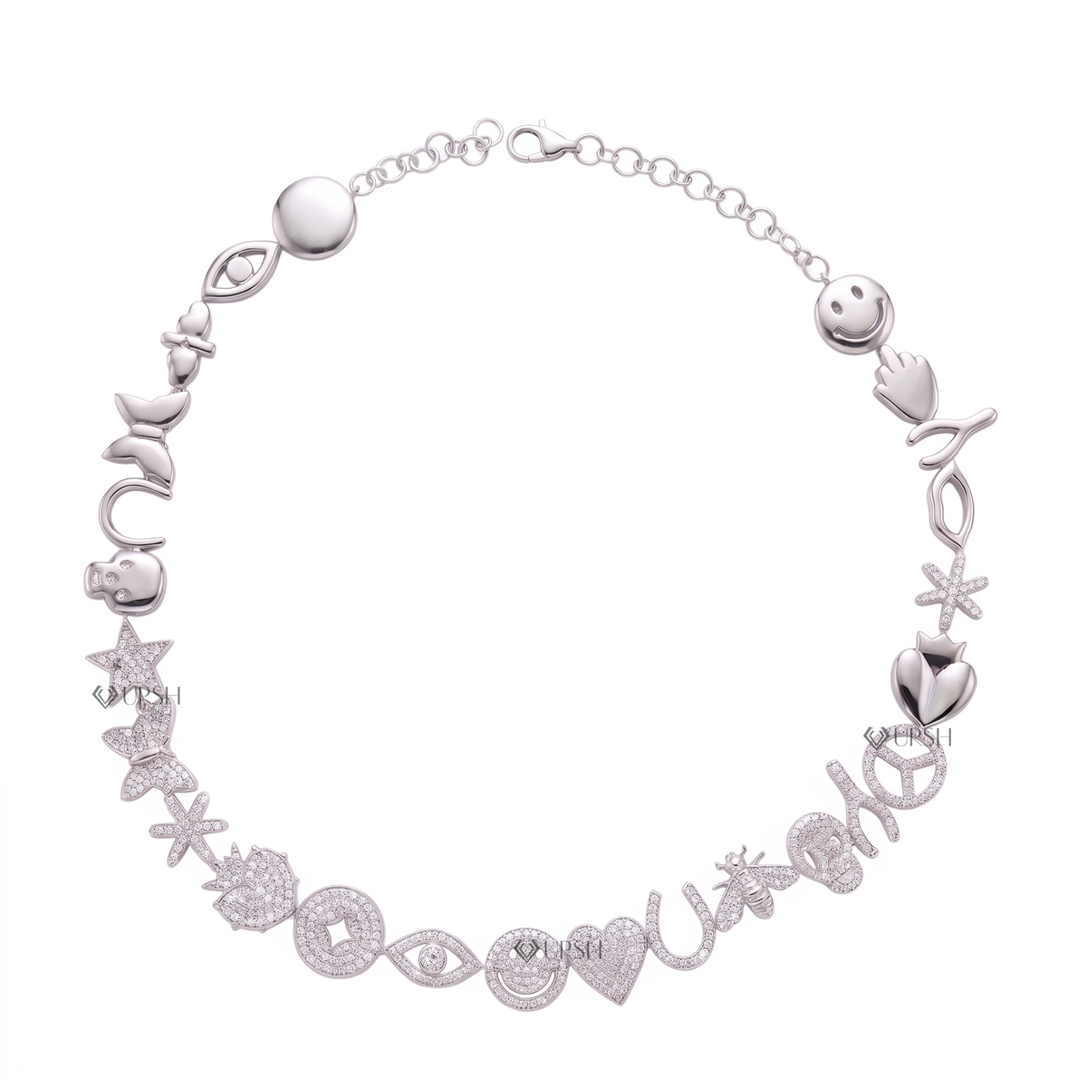 Solid white gold multi-charm eclectic diamond station necklace displayed on clean white background