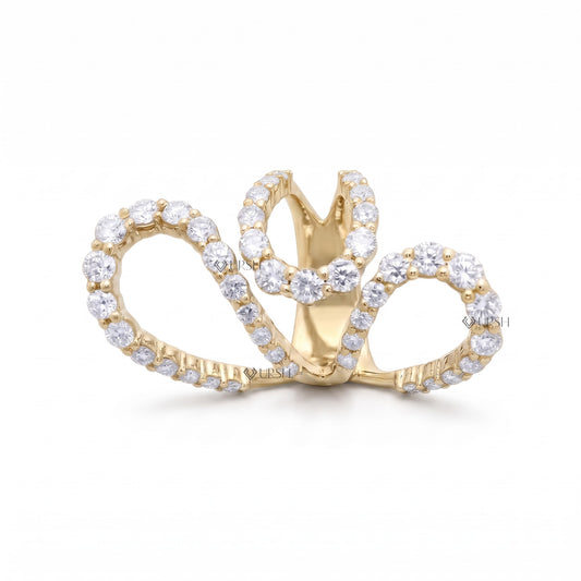 Close-up of diamond open-wire swirl ring highlighting prong settings and brilliant cut stones