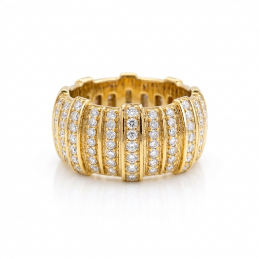 Solid yellow gold wide multi-row pavé barrel statement ring featuring vertical diamond tracks separated by polished rails