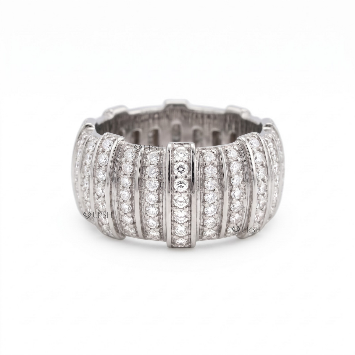 Solid white gold architectural barrel band with vertical micro-pavé tracks on clean white background